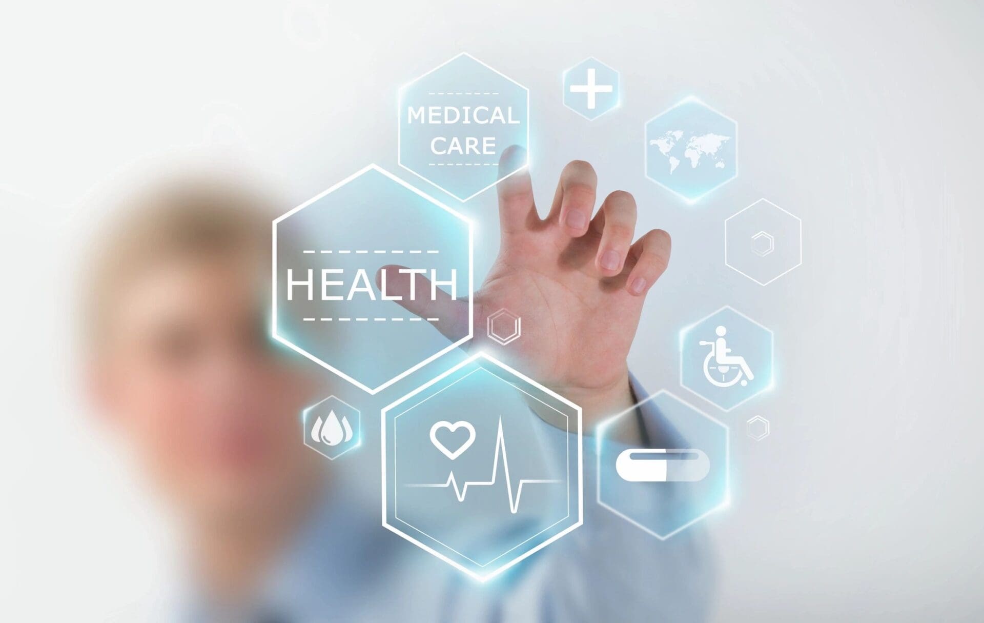 Hand interacting with digital healthcare interface